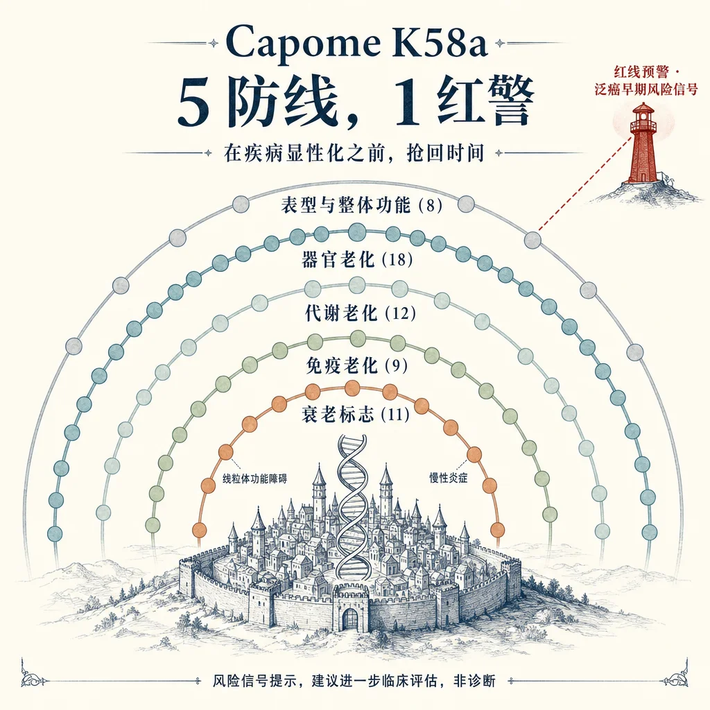 根因网络图 · 三层结构 · 五道防线 — 顶层表型→中层功能→底层根因,疾病向上传导,干预向下直达根因